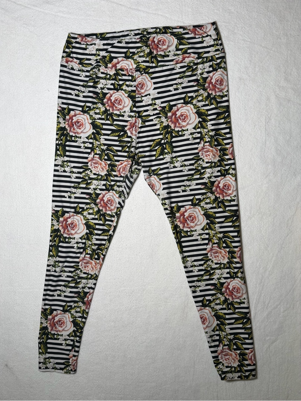 LuLaRoe Floral Striped Leggings Pink Roses Black & White Stripes XL